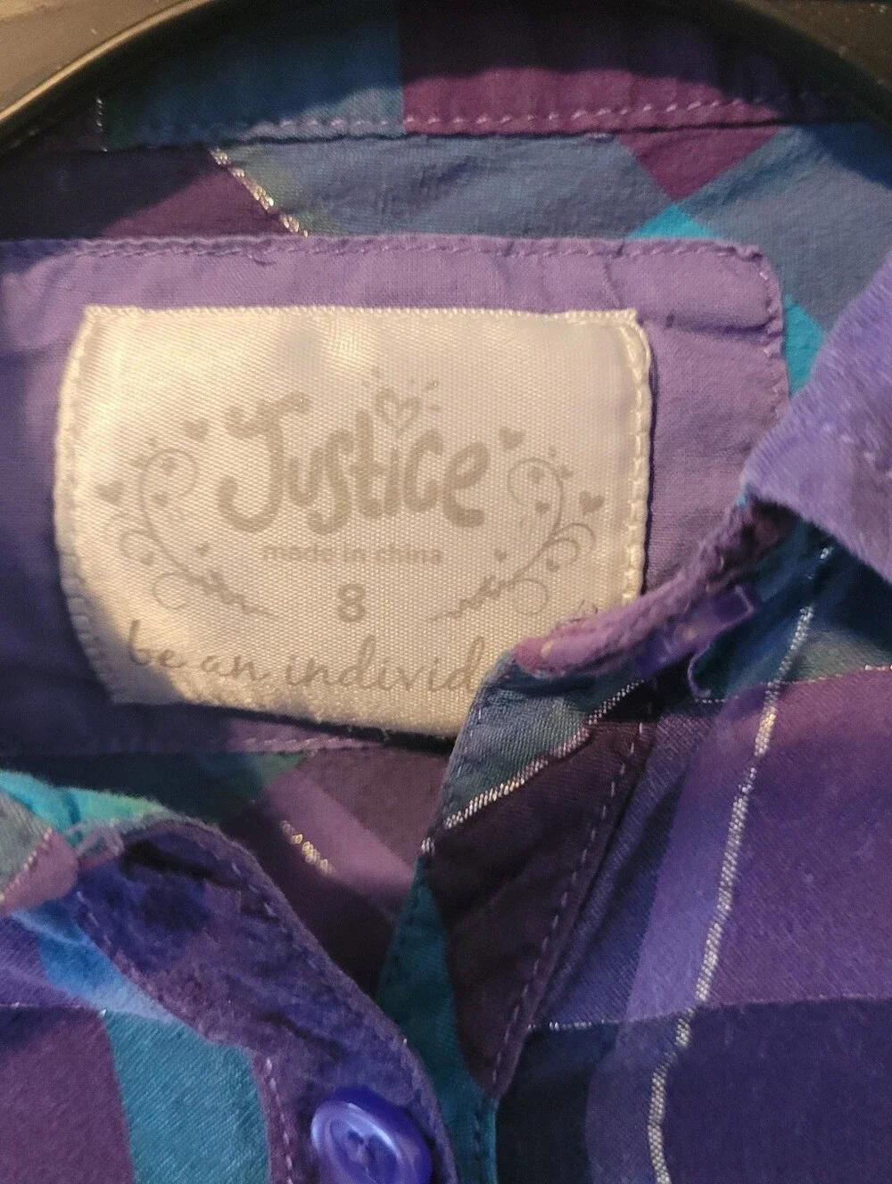 Justice Girls Plaid Long Sleeve Button Down Shirt Purple Teal Metallic Size 8